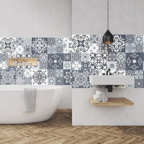 Sticker adhésifs carrelages, Sticker Autocollant Carreaux de Ciment - Autocollant carreau ciment mural salle de Bain et Cuisine 15 x 15 cm - 60 crédence adhésif Azulejos Taiga