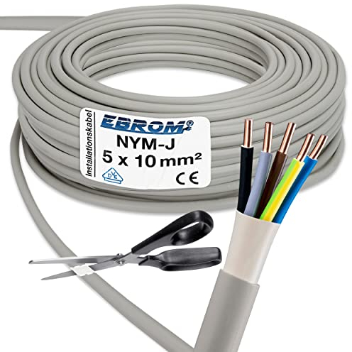 EBROM NYM-J NYM-J 5 x 10 mm² sheathed cable for wet rooms grey in increments of 1 m to the nearest metre. Your selection: NYM-J 5 x 10 mm², length: 19 m