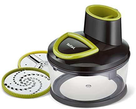 Tefal Ingenio K13901 5-sekunders grönsakshyvel utan el, kapacitet: 1,2 liter; med 2 skivor av rostfritt stål för skärning/rivning/hyvling; grönsaksskärare; osthyvel; potatisskärare, svart/grön