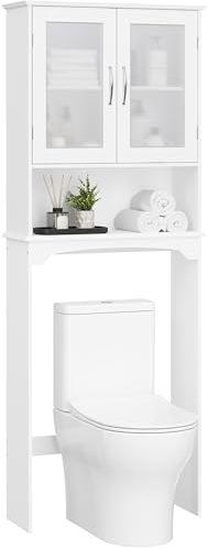 Yaheetech Slim Over the Toilet Storage Cabinet, Frosted Glass Doors, White