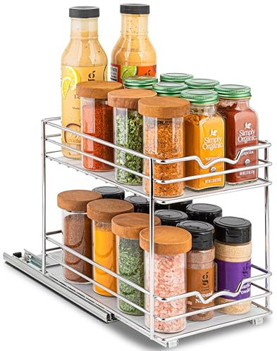 HOLDN’ STORAGE Ausziehbarer Schrank-Organizer für Gewürze, Dosen, strapazierfähig, ausziehbares Gewürzregal, ausziehbares Regal für Dosen, Geschirr usw., 16,5 cm B x 26,7 cm T x 22,4 cm H, Chrom