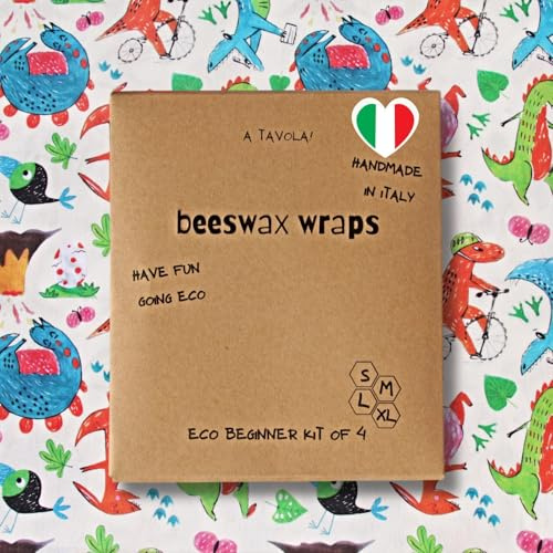 A tavola! Bivaxomslag Ekologisk Beeswax Wraps, naturlig vaxad bomullsfolie för mat, handgjord i Italien med alla italienska ingredienser (Jurassic zoo)