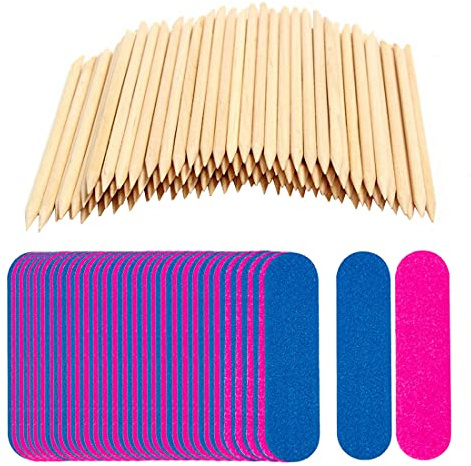 BAQI Lot de 100 bâtonnets à cuticules en bois, 100 mini limes à ongles jetables, outil de manucure professionnel pour faux ongles en acrylique naturel