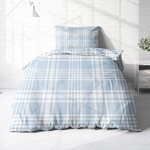 Träumschön Biber Bettwäsche Set 2tlg 155x220 cm + 80x80 cm – Flauschige Bettwäsche Hellblau – Weiche Winterbettwäsche Kariert - Atmungsaktiv, Warm & Hautfreundlich - 100% Baumwolle