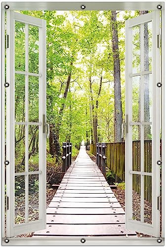 Wallario Outdoor-Poster für Garten oder Balkon Spaziergang im Wald Holzweg über einen Fluss, Motivbanner Größe: ca. 100 x 150 cm mit Fenster-Illusion