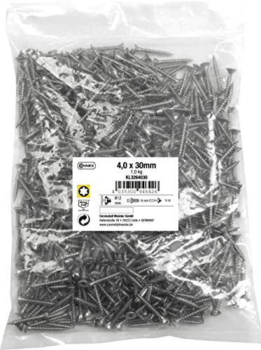 Connex Universalschrauben 4,0 x 30 mm - 1 kg Großpack - Senkkopf - TX-Antrieb - Vollgewinde - Edelstahl rostfrei / Schrauben-Set / Schrauben im Beutel / KL3264030