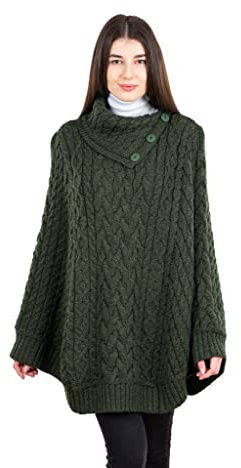 SAOL 100% Merino Wool Cowl Neck Button Poncho for Ladies (L-XL,Army Green)