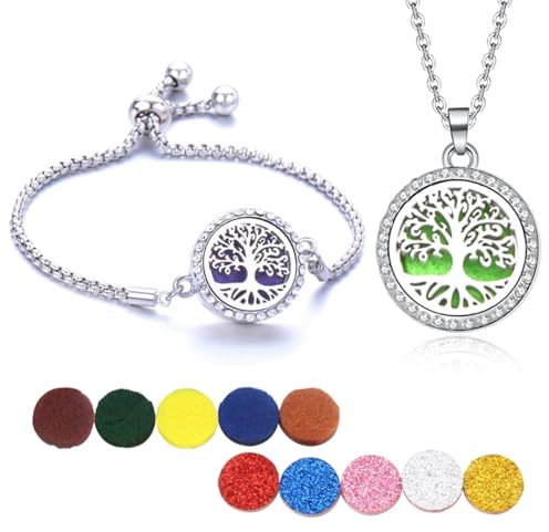 RIXERKOC Aromatherapie Diffusor ätherisches Öl Armband Halskette Set, verstellbares Diffusor Medaillon Anhänger Set von 10 Nachfüllkissen für Frauen Mädchen