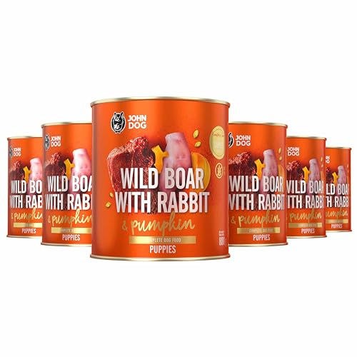 JOHN DOG Nassfutter für Welpen Wild mit Kaninchen - Getreidefreies Hundenassfutter - Hundefutter mit Kürbis und Kurkuma - 100% natürliche Zutaten 6 x 800g