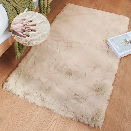 ORINOVA Teppich Schlafzimmer Beige Waschbar Flauschig 60x90 cm Fellteppich Kunstfell Wohnzimmer Kinderzimmer Teppich Weich Klein Deko Rechteckig