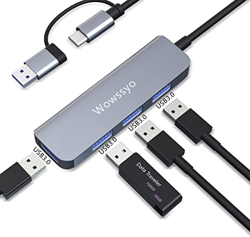 Wowssyo Hub USB 3.0 de 4 Puertos, Hub de Datos USB portátil Ultra Delgado, Divisor USB para MacBook, Mac Pro, Mac Mini, iMac, Surface Pro, portátil, PC, Unidad Flash, Disco Duro móvil.