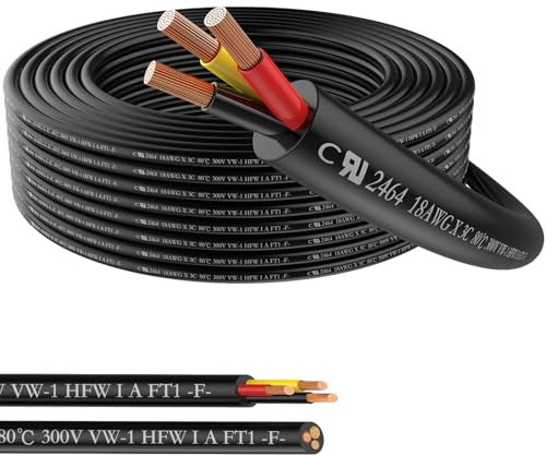 18 Gauge 3 Conductor Wire, 18AWG 50 FT PVC Sheathed Stranded low volTage Wire and Cable, 18/3 Tinned Copper Hookup Wire, Flexible Extension Cord UL listed