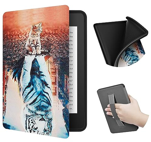 ERUNTO Hülle für 6,8-Zoll-Kindle Paperwhite and Paperwhite Signature Edition, mit Stoffstruktur und Handschlaufe auf der Rückseite, magnetische Hülle mit intelligenter Weck-/Schlaffunktion(Cat)