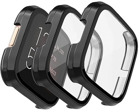 【3 Pack】 Cases compatible with Fitbit Versa 2 Screen Protector, Hard PC Plated Full Coverage Screen Bumper Full Sensitive Cover for Versa 2 Only (Black+Black+Black)