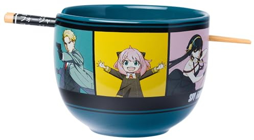Silver Buffalo Spy X Family Anime Featuring Anya, Loid, and Yor Forger, Ceramic Ramen Noodle Rice Bowl with Chopsticks, Microwave Safe, 20 Ounces
