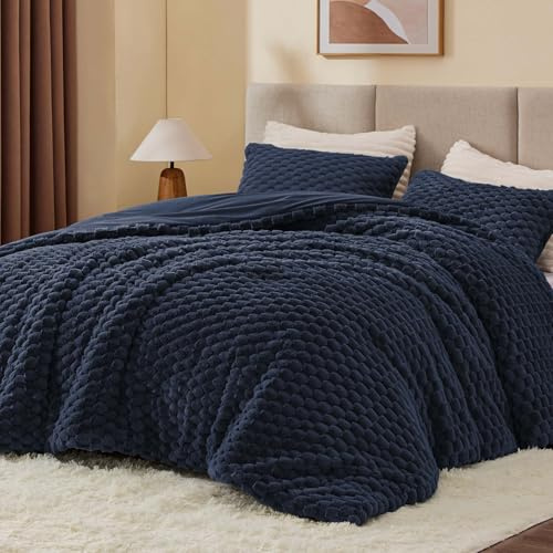 BEDELITE Juego de edredón Esponjoso tamaño King, edredón Suave de Forro Polar Azul Marino para Cama tamaño King, Juego de Ropa de Cama cálido de Lujo para Invierno, Juego de Cama Mullido de 3 Piezas