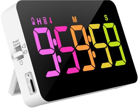 PERSUPER Kitchen Digital Timer, Count Down Up, Rechargeable, Vibration Mode Adjustable Volume and Brightness LED Display, Time Management Cook, Desk, Kids Adults Study Teaching, Kitchen Gadgets RGB