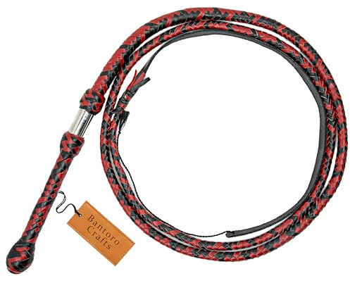 Bantoro Crafts Känguruleder-Bullpeitsche, 2,4 m lang, 16 geflochten, Rot und Schwarz, zum Reiten und Knacken von Rindern