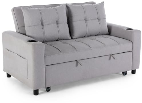 HUDSON 2-SEATER SOFA BED LINEN FABRIC WITH CUP HOLDERS LIGHT GREY
