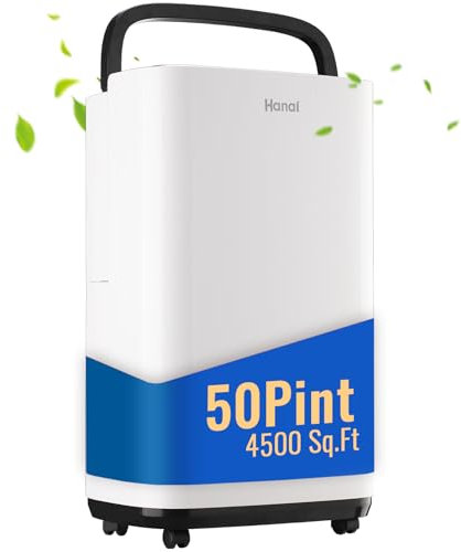 WANAI Deumidificatore portatile da 50 pinte con tubo di scarico per cantine, 4.500 mq. Deumidificatori per scarico automatico o drenaggio manuale, deumidificatore silenzioso per la casa con serbatoio