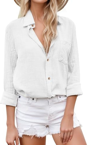 SHEKINI Damblus, långärmade skjortor, ledig V-ringad skjorta, button down-blusar, toppar, elegant linneblus med ficka, lös passform, Vit, S