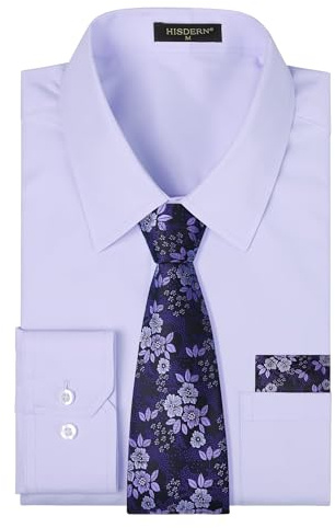 HISDERN Camisas para Hombre Manga Larga Camisa de Vestir y Corbata Formal Elegante con Botones