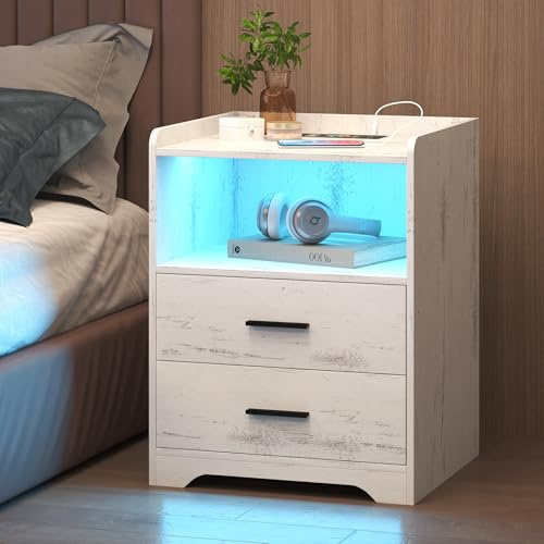 LVSOMT White Bedside Table with Wireless Charging Station, LED Bedside Cabinet with 2 Drawers, Smart Nightstand with 24-Color RGB Lighting, Modern Bed Side Table with Socket for Bedroom, White Wood