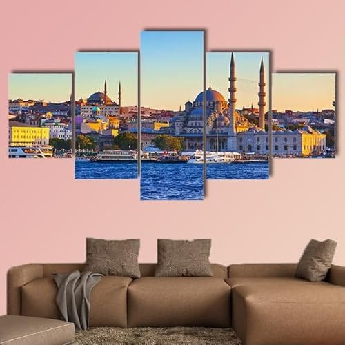 FatAco 5 Stück Wandkunst Leinwanddrucke Istanbul Sonnenuntergang Türkei Bild Malerei Moderne gestreckt gerahmte Wand Kunstwerk für Badezimmer Home Office Decor