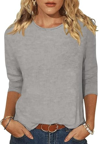 Placitiume dam casual 3/4 ärm rund hals tunika toppar lös passform bas t-shirts blusar, Grå, L