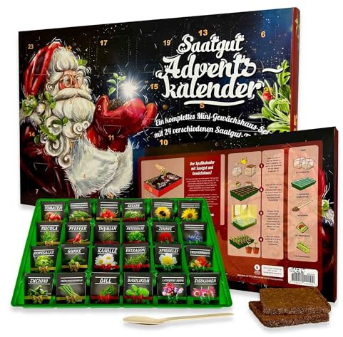 Adventskalender 2025 – Premium Anzuchtset mit 24 Überraschungssäckchen und Mini-Gewächshaus | Geschenkidee für Gartenfreunde | Vielfältige Auswahl an Blumen-, Gemüse- und Kräutersamen
