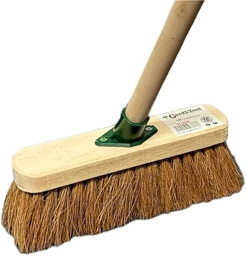 10” Soft Broom Indoor with Wooden Handle Natural Coco Bristles Sweeping Brush with Durable Support Bracket for Cleaning Any Surface Wooden Floor Decking and Paving Slabs