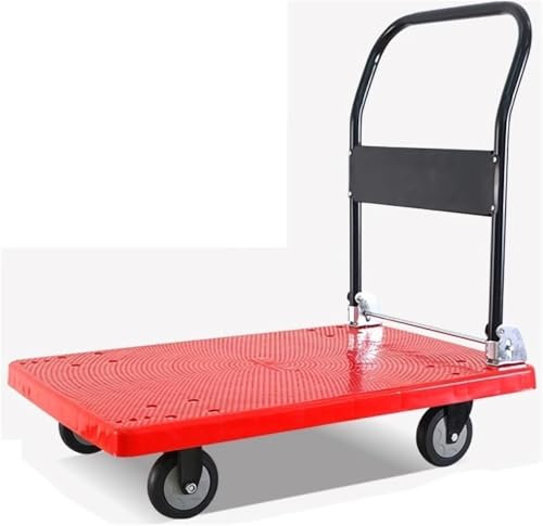 XCHSXYL Schiebekarre, Pritschenwagen, Kleiner Plattformwagen mit Kunststoffdeck und Metallgriff, zusammenklappbarer Trolley, einfache Lagerung und hohe Tragkraft, rote Plattform-Sackkarre