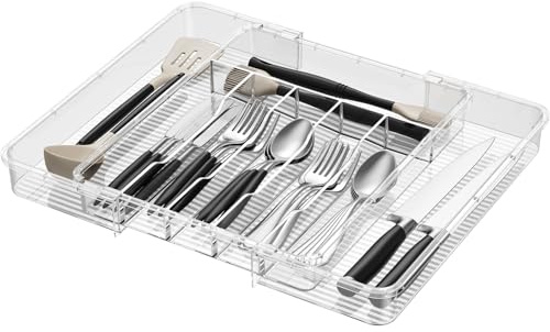 Lifewit Besteckkasten für Schubladen 40 50, verstellbarer Kunststoff Organizer Küche Tiefe 38 cm, Besteckeinsatz 6-8 Fächer, erweiterbar bis 51 cm, für Löffel, Gabeln und Geschirr, Weiß