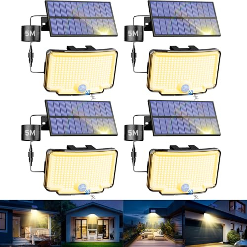 nipify Warmweiss Solarlampen für Außen mit Bewegungsmelder, 4 Stück 318 LED Solarleuchte IP65 Wetterfest, 3 Modi Solar Aussenlampe Strahler für Outdoor Hauswand Garten Garage