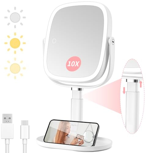 Lighted Makeup Mirror with Magnification,1x/10x Magnifying Mirror with Light Rechargeable,Height Adjustable Vanity Mirror with 3 Color Lights,Double Sided 360° Rotation,Memory Function