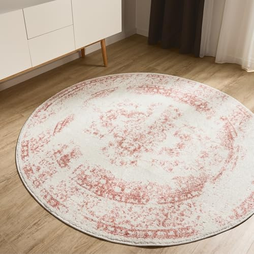 benuta Basic Teppich Sia - Creme/Rosa 160 cm rund - Kunstfaser - rund & im Style: Vintage, Boho-Style, Retro - Pflegeleicht für Wohnzimmer Schlafzimmer