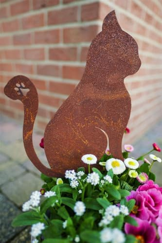Der-Porzellan-Laden Katzenstecker, rustikale Gartenfigur aus Metall in Edelrost-Look, sitzende Katze 40 x 22 cm, perfekte Dekokatze für Garten & Balkon