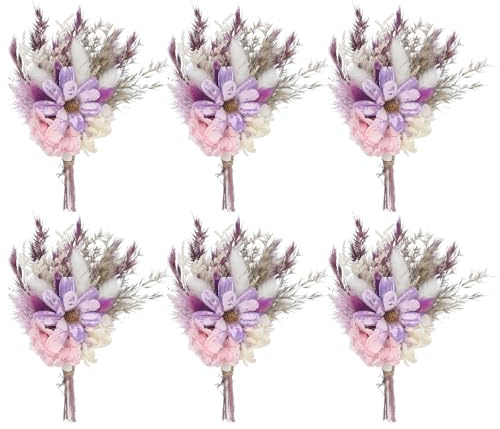 PATIKIL 6 Stück Trockenblumenstrauß Deko Set, Pampasgras Flauschige Wedel, Getrocknete Blumen, Trockenblumen zum Basteln für Bilderrahmen DIY, Tischdeko, Hochzeit, Lila/Weiß | Pampasgras, natürliche Wildblumen mit Stiel, Boho-Blumenpflanze für Bastelarbeiten, Fotozubehör