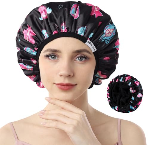Years calm Frottee-gefütterte Duschhaube, dreilagig, Herzmotive, wasserdicht, wiederverwendbar, elastisch, Haar-Duschhaube für Damen, Frottee-Duschhauben für Spa, Reinigung, Reisen (Schwarz