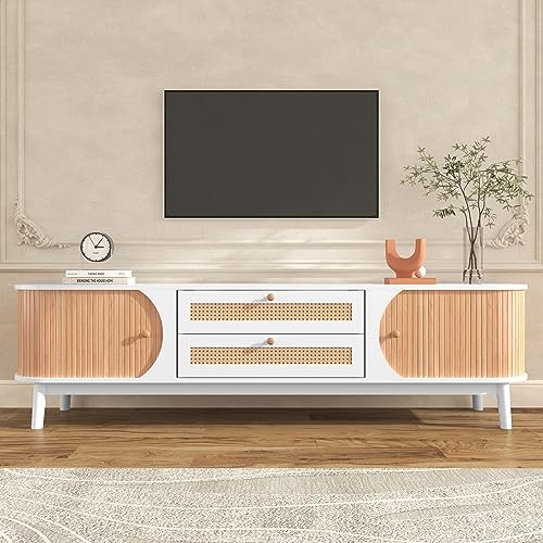 Jaxenor 170cm TV Schrank mit Türen und Schubladen, Lowboard Wohnzimmer mit Rattanseiten, Natürlicher Landhausstil Fernsehschrank, TV Board für Schlaf- und Wohnzimmerschrank, Weiß und Holzfarbe