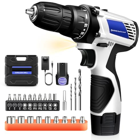 Perceuse Visseuse sans Fil 16.8V, Visseuse Devisseuse sans Fil avec 2X 1,5Ah Batteries et 23 Accessoires, 18+1 RéGlages de Couple 2 Vitesse LumièRes LED