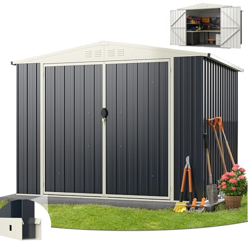 COSTWAY Abri de Jardin Métal 7.5 m³, Toit Double Pente, Porte Double, Cadenas à Clé, 4 Aérations, Cabane de Jardin Exterieur 4.5 m², pour Vélo, Poubelle, Outil, Gris Anthracite