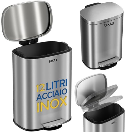BAKAJI Pattumiera con Pedale in Acciaio Inossidabile e Coperchio con Secchio Interno Rimovibile, Chiusura Silenziosa Morbida Ammortizzata, Bidone Spazzatura Ideale per Cucina e Bagno (12 LITRI)