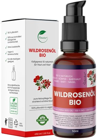 Vildrosolja Bio 50 ml – kallpressad och 100 % naturlig ren – rosa Canina – vårdande olja i ljusskyddad brun glasflaska med pumpdispenser