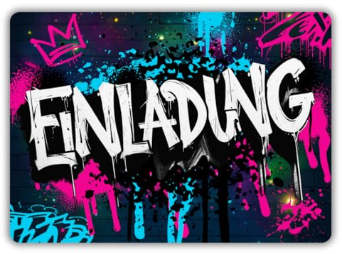 celebr8te 12x Graffiti Einladungskarten Nr. 2 - Für den Kindergeburtstag von Jungen & Mädchen - Neon Graffiti Geburtstagseinladungen inkl. Messenger Bild & Urlaubsgutschein