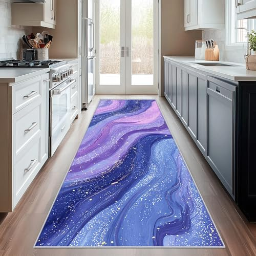 Generisch Läufer Flur Blau Lila Marmor, Waschbarer Teppich Läufer Abstrakt 60x120, Küchenteppich, Eingangsbereich, Bettvorleger, Schlafzimmer Deko, rutschfest, Kurzflor g494