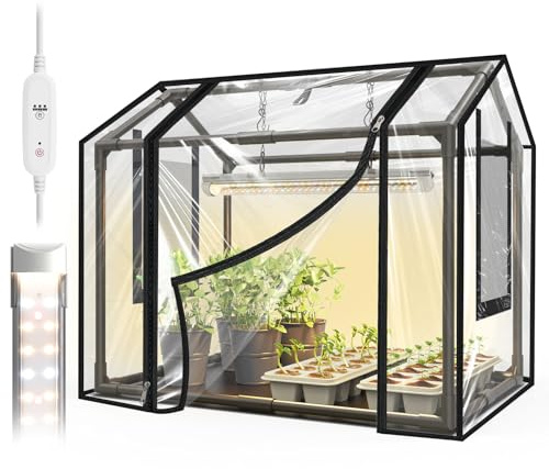 Bstrip Mini Gewächshaus Indoor mit Pflanzenlampe Vollspektrum, Zimmergewächshaus Pflanzenregal mit Timer (4/9/14H), Kleines Foliengewächshaus für Anzucht & Kräuter, wasserdichte Matte, 60x40x52cm