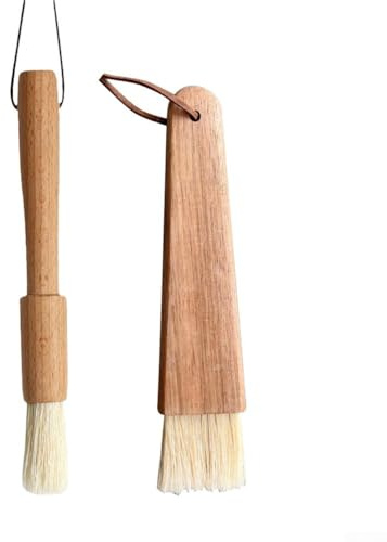 Opatiny Lot de 2 pinceaux à huile fonctionnels en bois de hêtre pour cuisine, badigeonnage et grillades – Ensemble de pinceaux à badigeonner ronds et plats avec trous de suspension, compatibles avec