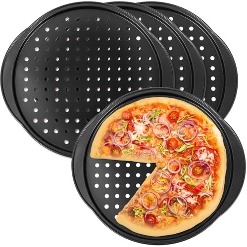 Uonlytech Set da 4 Teglie per Pizza in Acciaio al Carbonio Antiadherente con Fori e Manici Teglie da Forno per Cucina e Ristoranti Resistente alle Alte Temperature Perfette per Cottura