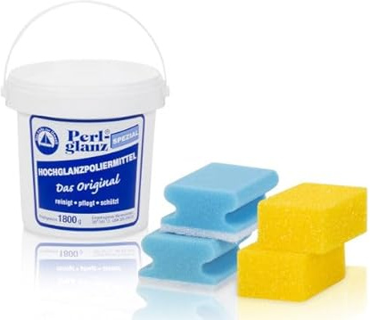 Perlglanz Spezial 1,8 kg – Kraftvoller Universalreiniger | Starker Reiniger für Haushalt & Profi | Effektive Poliermittel für Küche & Bad + 2x 2-Phasenschwamm + 2x Schwamm gelb